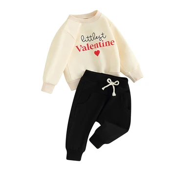 Наряды на День Святого Валентина для маленьких мальчиков, толстовки с длинными рукавами и однотонными длинными штанами с буквенным принтом в виде сердца, комплект одежды из 2 предметов