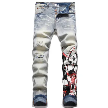 Синие мужские джинсы в европейском и американском стиле в стиле ретро, рваные брюки-карандаш со средней талией и принтом, эластичная уличная трендовая одежда в стиле хип-хоп