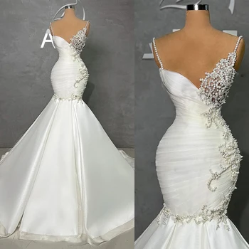 Арабское роскошное свадебное платье русалки, расшитое бисером, сексуальные бретельки, саудовский арабский жемчуг, свадебное платье на заказ