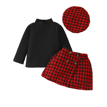 Осенний наряд для маленьких девочек, ребристые трикотажные топы с круглым вырезом и длинными рукавами, футболка в клетку, мини-юбка, берет, комплект одежды из 3 предметов