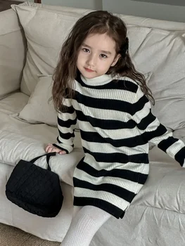 Полосатый свитер для девочек 2023, осенне-зимняя новинка, Корейская версия детской модной трикотажной юбки, детская нижняя юбка с высокой эластичностью