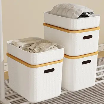 Коробка для хранения с крышкой, вместительный кухонный органайзер для хранения, Штабелируемые коробки для хранения с бамбуковой крышкой, Пылезащитная ручка для игрушек