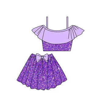 Новый купальник принцессы для девочек, комплект из двух предметов, Фиолетовые блестящие купальники с принтом для детей, наряды