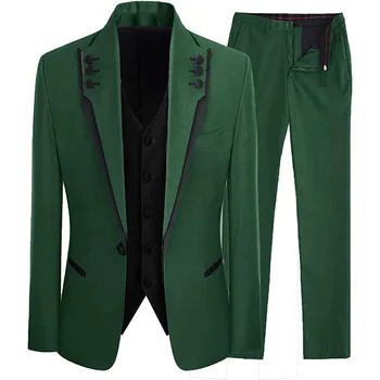 Мужские костюмы Зеленый Блейзер Однобортный Пиджак Брюки Жилет Повседневная Одежда Для Вечеринок из трех частей Slim Fit Trajes Elegante Para Hombres