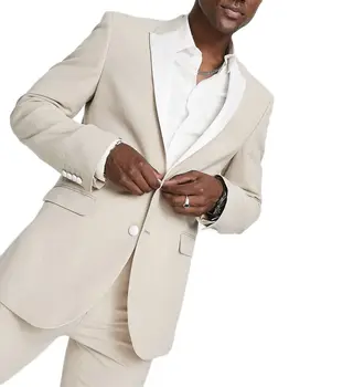 Мужской костюм из 2 предметов, приталенный Бежевый белый блейзер в стиле пэчворк с брюками, свадебная официальная деловая мужская одежда для больших и высоких мужчин