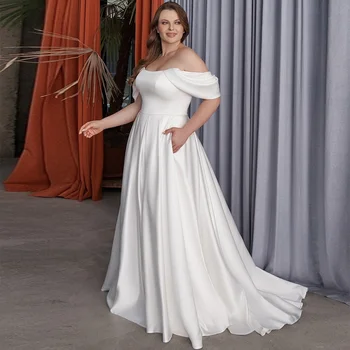 Атласное свадебное платье большого размера с карманами, открытыми плечами, Сексуальное свадебное платье с открытой спиной, расшитое бисером, Простое свадебное платье трапециевидной формы
