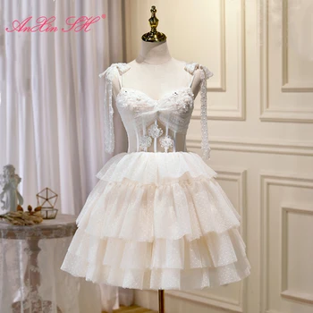 AnXin SH princess белое цветочное кружево на бретельках с бантиком, расшитое бисером, короткое вечернее платье для невесты со стразами, маленькое белое платье