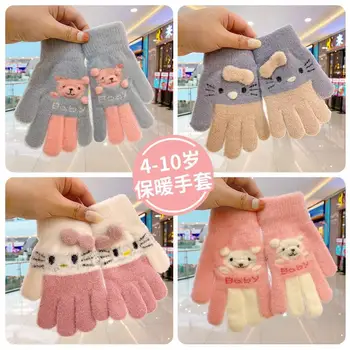 Детские перчатки Осенне-зимние милые вязаные теплые пальчиковые для мальчиков и девочек с мультяшным рисунком 