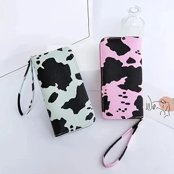 Кожаный кошелек с милым рисунком коровы, женский кошелек на молнии, сумка для карт, длинный браслет, клатч-кошелек, сумка большой емкости