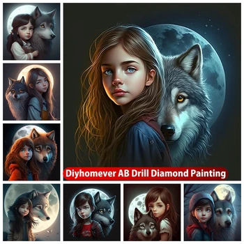 Волк и девочка AB Алмазная картина, вышивка мультяшных животных крестиком, мозаичная картина, домашний декор ручной работы, детский подарок