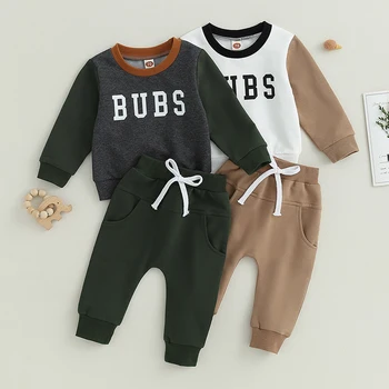 Осенние комплекты одежды для маленьких мальчиков от 0 до 3 лет, пуловер с круглым вырезом и длинными рукавами с буквенным принтом, свитшоты в стиле пэчворк + брюки на завязках, наряды