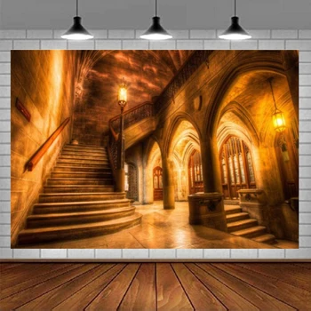 Фон для фотосъемки интерьера средневекового замка, ретро арочные колонны, фон для фото, старая лестница, архитектурные колонны с приглушенным освещением