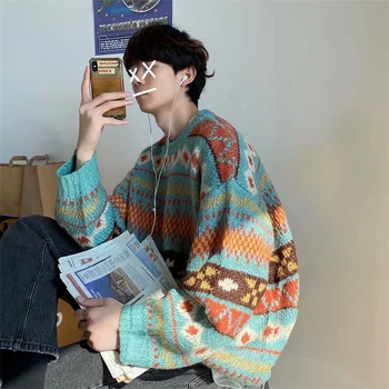 Свитер Harajuku, Мужской контрастный свитер с круглым вырезом, осень-зима, Новый Свободный повседневный Корейский модный Рождественский свитер для пары Оверсайз