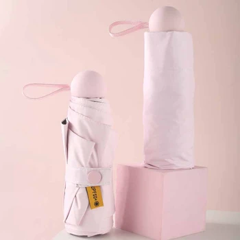 Складной зонт с 6 ребрами жесткости, Пятикратный Солнцезащитный капсульный зонт с защитой от ультрафиолета для солнечных дождливых дней, розовый с коробкой для хранения