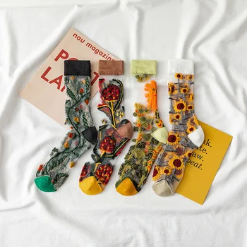 1 пара креативных женских носков Harajuku, Хрустальные шелковые носки Tide, Забавные подсолнухи, Виноградные лозы, Счастливые Повседневные Прозрачные длинные носки