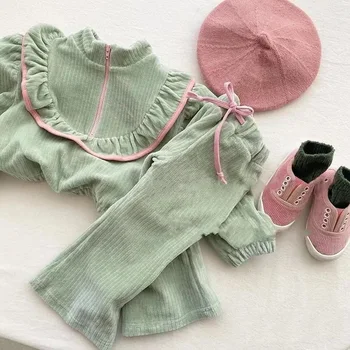 Комплект одежды для девочек в корейском стиле 2023, осенний вельветовый костюм для девочек, свитер + брюки, модный комплект из двух предметов для девочек с небольшим ароматом