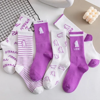 Женские фиолетово-белые носки для экипажа в стиле колледжа, японские буквы, принт Медведя из мультфильма, хип-хоп, Чулочно-носочные изделия для скейтборда
