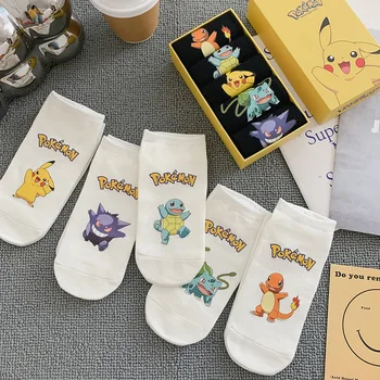 5шт Носки Kawaii Pokemon Pikachu с рисунком Аниме Носки-лодочки из хлопка С мягкой дышащей цветной печатью, Короткие Носки, Игрушки, Подарки для пары