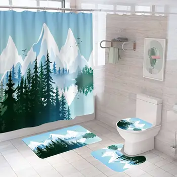 Скандинавский снежный горный пейзаж с деревом, мультяшная занавеска для душа, декор для ванны, нескользящая крышка для унитаза, коврик для пола, наборы штор для ванной