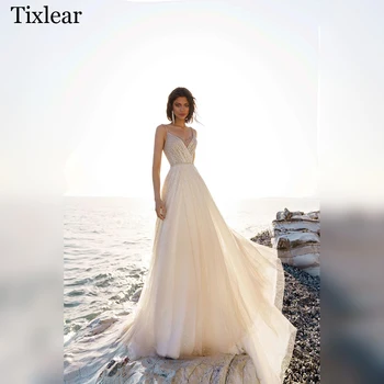 Свадебные платья TIXLEAR для женщин 2023 Без рукавов, на тонких бретельках с бисером, с V-образным вырезом, А-силуэт, очаровательные Vestidos De Novia