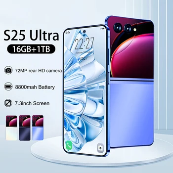 Смартфон S25 Ultra Android 7,3-дюймовый Полноэкранный Мобильный телефон 4G / 5G 16G + 1 ТБ 8800 мАч 48 + 72 Мп Глобальная версия Мобильных телефонов