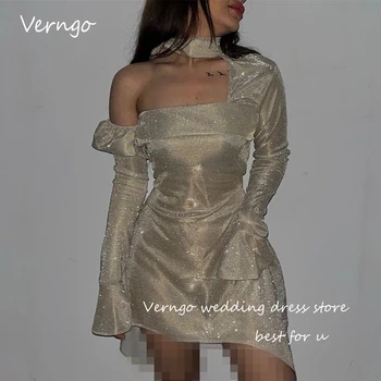 Verngo Блестящие Короткие платья для выпускного вечера с длинными рукавами, мини-асимметричное коктейльное платье, блестящие вечерние платья для ночного клуба
