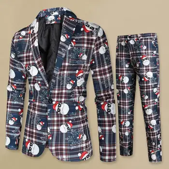 Комплект из куртки и брюк Мужской новогодний костюм Стильный мужской костюм для новогодней вечеринки с принтом СантаКлауса в виде снежинок в клетку цветного рисунка