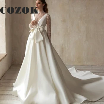 Изящные кружевные свадебные платья с длинным рукавом 2023, Новое свадебное платье в пол из атласа с иллюзионным бантом, Vestido De Noiva Custom HD47