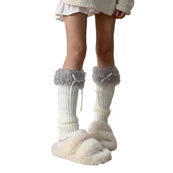 Женские гетры из рубчатого трикотажа, носки до колена с меховой отделкой, манжеты для ботинок, милые длинные носки с бантом