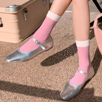 Модные летние женские носки, тонкие японские разноцветные прозрачные носки, Женские дышащие хлопчатобумажные носки средней длины