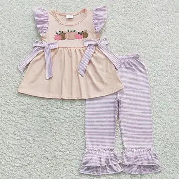 Оптовая Продажа Хлопчатобумажная туника с вышивкой тыквы для маленьких девочек, осенний комплект, штаны в фиолетовую полоску для малышей, наряд для малышей