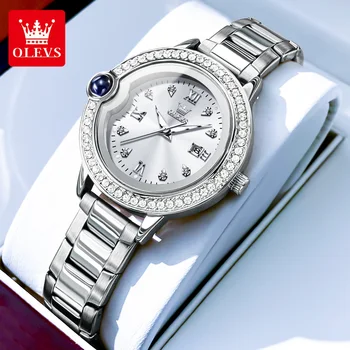 OLEVS 2024 Новые кварцевые часы с бриллиантовым циферблатом для женщин, модные женские часы, водонепроницаемые оригинальные женские наручные часы из нержавеющей стали,