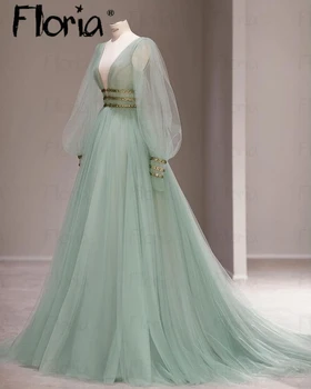 Элегантное Модное Зеленое платье для выпускного вечера 2023 года, Красивые рукава-фонарики, V-образный вырез, платье для красной ковровой дорожки Знаменитостей, Sweet 16 Vestidos De 15 Años