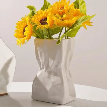 Белая плиссированная Керамическая Ваза для цветов, Бумажный пакет с широким горлышком, Вазы для цветов, Ваза для домашнего стола