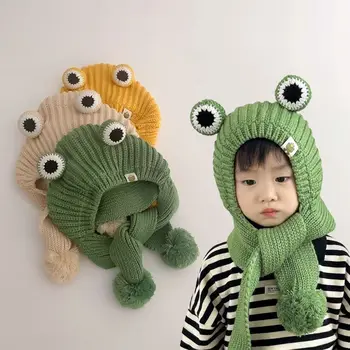 Комплекты детских шарфов-шапочек для защиты ушей, милый плюшевый шарф с изображением лягушки из мультфильма, утолщенная шапочка, мягкая теплая шапочка для шеи 2-8 лет