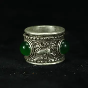 Китайское кольцо с тотемом из Старого Тибета, инкрустированное серебром из зеленого нефрита, 21 мм