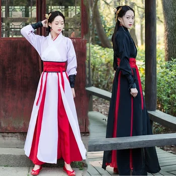 Китайское платье, Черный халат для боевых искусств Ханфу, женские платья с вышивкой, Китайский стиль, Народный танец, косплей, костюм, Традиционная одежда