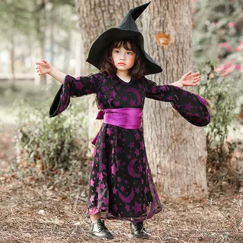 Для детей, девочек, Волшебная мантия Волшебника, пояс для сцены, Фиолетовое платье, шляпа, комплект для ролевых игр на Хэллоуин, косплей-костюм