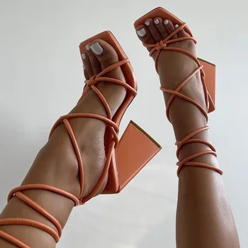 2023 Летние Женские Босоножки На высоком каблуке, Модные Однотонные Вечерние туфли с ремешком оранжевого цвета, обувь на шнуровке с квадратным носком