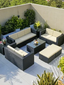 Уличный диван, открытый балкон, сочетание трехместных ротанговых кресел, плетеная мебель из ротанга, водонепроницаемая и солнцезащитная