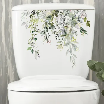 Наклейка на туалет, наклейки на стену с зелеными листьями растений, самоклеящиеся цветочные обои для ванной, украшения туалета