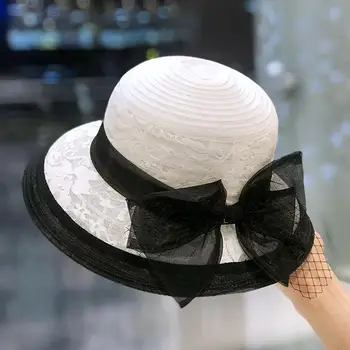 Модная шляпа рыбака из кружевной сетчатой пряжи, женская винтажная шляпа Hepburn wind, цветной цилиндр в стиле пэчворк, элегантный козырек с бантом