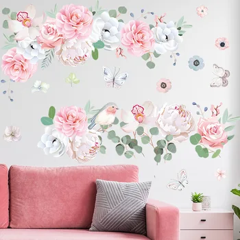 Маленькие свежие розовые цветы, зеленые листья, настенные наклейки для украшения дома на крыльце спальни, самоклеящиеся наклейки на стену, спальня