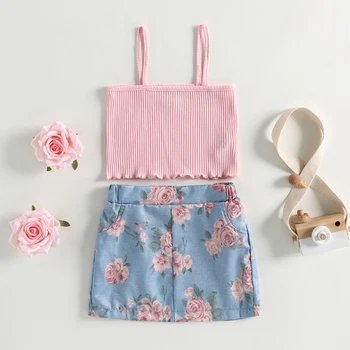 Летняя одежда для маленьких девочек, повседневная майка без рукавов, эластичная мини-юбка в цветочек, комплект одежды для маленьких девочек