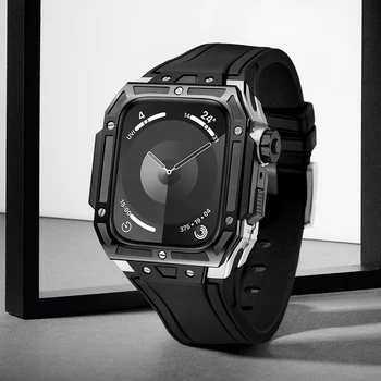 Для Apple Watch 8 Керамическая модификация из нержавеющей стали, комплект модов класса Люкс, 44/45 мм, удобная фторкаучуковая серия SE 4 5 6 7 8 9
