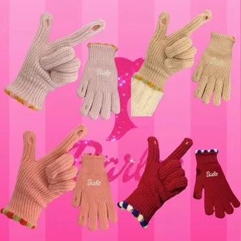 Зимние перчатки Барби, Милая красота, Модный Однотонный сенсорный экран, теплые Ветрозащитные велосипедные Вязаные перчатки для пальцев, подарок для студентов