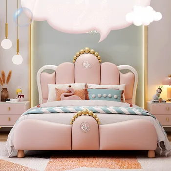 Современная Симпатичная Мебель для Детской Спальни из Кожи Розовой Короны, Обитая Односпальными Мягкими Детскими Кроватями Для Девочек