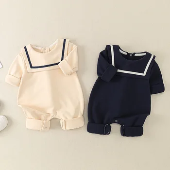 Весенний Хлопковый комбинезон для новорожденных девочек и мальчиков в темно-синем стиле, Детская одежда с длинными рукавами, Цельное боди для младенцев 0-2Y