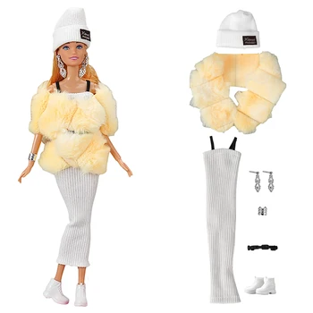 NK 7 шт., Милая кукла, благородная модель, праздничный комплект: белое платье + желтая шаль из искусственного меха + браслет для одежды куклы Барби, аксессуары
