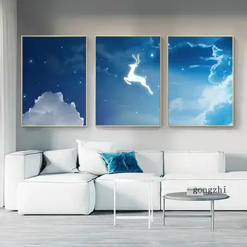 Голубое небо, белые облака, Звездный свет, Луна, олень, фэнтези, абстрактный плакат, живопись на холсте и принты, настенные художественные картины, украшения для дома